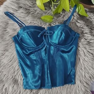 VINTAGE 90s ORIGINAL GUESS- TEAL UNWIRED SATIN BUSTIER CORSET